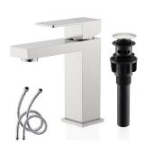 KENES Single Handle Bathroom Sink Faucet, Brushed Nickel Vanity Faucet for Bathroom Sink, with Pop Up Drain Stopper & Water Supply Lines LJ-9031