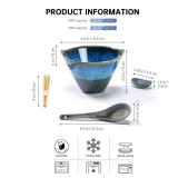 Henten Home 20 OZ Ramen Bowls Set, Ceramic Japanese Noodle Bowls Set of 2, Porcelain Deep Salad Bowl with Chopsticks for Udon, Reactive Glaze, Microwave Safe (Blue A1)