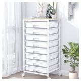 SYKIARIOL Rolling Storage Cart with Drawers,Utility Cart With 8 Drawers and Wooden Tabletop,Rolling Drawer Cart,Storage Drawer Cart for Living Room,Classroom,Bedroom,Bathroom,Dorm,Office,White