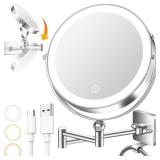 10x Large Wall Mounted Makeup Mirrror, Height Adjustable Lighted Mirror, 8\" Double Sided Mirror, 1X/10X Magnifying Bathroom Mirror, 360Â° Rotation Adjustable, Detachable Ring, 3 Color Lights