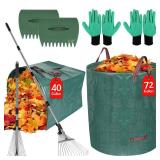 9 Pcs Leaf Collector and Leaf Rake Set, 68 Inch Adjustable Rake for Leaves with 72 Gallon Leaves Bag, 40 Gallon Dustpan-Type Yard Waste Bag, Scoops, Reusable Lawn and Leaf Bags Set for Garden Outdoor
