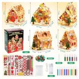 SAYAYA 5 Sets LED Cardboard Christmas Gingerbread House Kits Bulk DIY Your Own Christmas Gingerbread House with Pom Poms, Stickers, Light Strings, Pens Craft Kit for Xmas Holiday Party Decorations