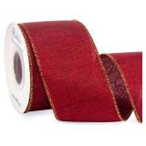Ribbli Metallic Dark Red Linen Wired Ribbon,2-1/2 Inch x Continuous 10 Yard, Red Burlap Ribbon with Gold Edge,Christmas Ribbon for Wreaths,Big Bow,Gift Wrapping, Christmas Tree Decoration