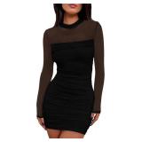 WIHOLL Womens Mesh Sheer Long Sleeve Ruched Mini Dress Fall Sexy Bodycon Little Short Sexy Nye Wedding Guest Semi Formal Cocktail Party Club Homecoming Dresses 2025 Black M