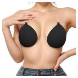 Invisible Adhesive Push-Up Bra Sticky Strapless Bra with Clear Halter Neck Strap for Backless Dresses/Tops(D413-Black-A
