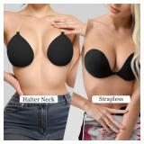 Invisible Adhesive Push-Up Bra Sticky Strapless Bra with Clear Halter Neck Strap for Backless Dresses/Tops(D413-Black-A