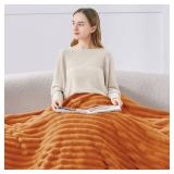 BEDELITE Twin Blanket for Couch & Bed, 300GSM Soft & Warm Fleece Blanket, Decorative and Giftable Striped Burnt Orange Blankets for Women, Men, 60\"x80\"