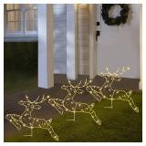 Christmas Pathway Lights Outdoor, 3 Reindeer Christmas Outdoor Decorations Pre-lit with 150 Warm White Lights and 8 Lighting Modes