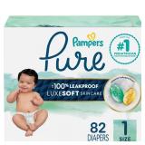 Pampers Pure Protection Baby Diapers, Size 1 (8-14 lbs), 82 Count, Up to 100% Leakproof, Premium Plant-based Skin Protection, Hypoallergenic Soft Diapers