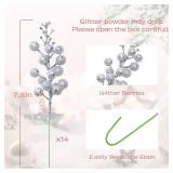 Haneye 14 Pack 7.8 Inch Christmas Sliver Berry Stems for Christmas Tree, Glitter Berry Picks, DIY Wreaths, Crafts, Home & Wedding Decorations