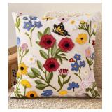 Kokaaee Embroidered Throw Pillow Cover 18x18 Inch - Summer Boho Decorative Pillow Cover with Zipper for Living Room Couch Sofa Bed Aesthetic Design Retro Flower Linen Cushion Pillowcase