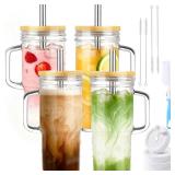 Birity Glass Cups with Lids and Straws,24oz Glass Tumbler With Handle,4 Pack Reusable Iced Coffee Cup with Lids-Mason Jar with Lid and Straw,Boba Cup for Cold & Hot Drinks,Smoothies Cup,Travel Mug