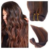 Sew In Real Human Hair Extensions, 18 Inch 100G Weft, Dark Brown Balayage Auburn Brown Highlights, Hand Tied Weft Hair Bundles