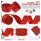 Yinder 2 Rolls 40 Yards Christmas Metallic Wired Ribbon - Thick, Glitter, Tree & Gift Wrapping Ribbon for DIY Crafts & Xmas Party Decorations (Red, 2 Inch)