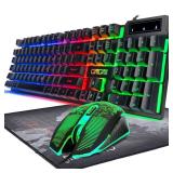Keyboard and Mouse Gaming LED Wired Combo with Emitting Character Keyboard 4800DPI 2 Side Button USB Mouse Rainbow Backlit Mechanical Feeling Compatible with PC Raspberry Pi Mac Xbox one ps4