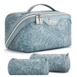 BOYATU Travel Makeup Bags Cosmetic Organizer Bag: 3 Pcs Set Large Capacity Floral Make up Bag with Compartments - Waterproof Leather Lay Flat Toiletry Bags for Women (01-Light Blue)