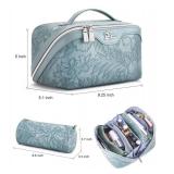 BOYATU Travel Makeup Bags Cosmetic Organizer Bag: 3 Pcs Set Large Capacity Floral Make up Bag with Compartments - Waterproof Leather Lay Flat Toiletry Bags for Women (01-Light Blue)