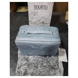 BOYATU Travel Makeup Bags Cosmetic Organizer Bag: 3 Pcs Set Large Capacity Floral Make up Bag with Compartments - Waterproof Leather Lay Flat Toiletry Bags for Women (01-Light Blue)