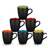 Qipecedm 6 Pack Porcelain Coffee Mugs Set, 12 Ounces Ceramic Coffee Mugs, Matte Black Coffee Mug, Restaurant Cups for Coffee, Tea, Cappuccino, Cocoa, Cereal, Black outside and Colorful inside