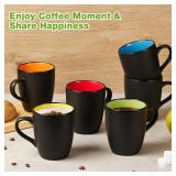 Qipecedm 6 Pack Porcelain Coffee Mugs Set, 12 Ounces Ceramic Coffee Mugs, Matte Black Coffee Mug, Restaurant Cups for Coffee, Tea, Cappuccino, Cocoa, Cereal, Black outside and Colorful inside