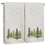 2 Pack Christmas tree Hand Towels 100% Cotton Jacquard snowflake Embroidered Pine Trees holiday Kitchen dish Towels Retro Neutral Beige Bathroom Towels Set gift Seasonal Xmas Winter Bathroom Decor