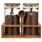 Yangbaga Glass Coffee Container with Wooden Shelf,2 45OZ Coffee and Sugar Container Set,Coffee Canisters with Airtight Lids and Scoop,Large Capacity Food Storage Jars for Coffee Beans,Nuts,Tea,Sugar