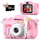 Dwfit Upgrade Selfie Kids Camera, Christmas Birthday Gifts for Boys Girls Age 3-12, HD Kids Digital Video Cameras for Toddler with Cartoon Soft Silicone Cover, Portable Toy for 3 4 5 6 7 8 Years Old