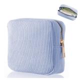Period Bag for Teen Girls, Corduroy Sanitary Napkin Storage Bag, Cute Cosmetic Pouch for Women with Slip-in Pockets(Sky Blue)