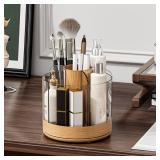 Siehpa3 Makeup Brush Holder 360° Rotating 6 Slot Multi-Compartment Storage, Acrylic Spinning Organizer for Cosmetics Nail Polish Combs, Bathroom Vanity Desktop Organizer (Light Woodgrain)