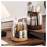 Siehpa3 Makeup Brush Holder 360° Rotating 6 Slot Multi-Compartment Storage, Acrylic Spinning Organizer for Cosmetics Nail Polish Combs, Bathroom Vanity Desktop Organizer (Light Woodgrain)
