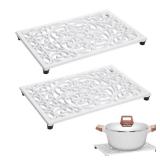 Sumnacon 2 Pack Rectangle Cast Iron Trivets, Rustic Iron Hot Dish Plate Trivet for Kitchen Countertop Dining Table (White, 9.6 x 6.3 Inch)