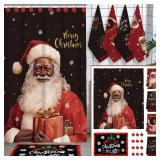 Fourluoo 18 Pcs Fabric Shower Curtain Set with 12 Decorative Shower Curtain Hooks Bathroom Towels Non Slip Absorbent Microfiber Rug for Modern Aesthetic Bathroom (Black and Red,Christmas)