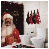 Fourluoo 18 Pcs Fabric Shower Curtain Set with 12 Decorative Shower Curtain Hooks Bathroom Towels Non Slip Absorbent Microfiber Rug for Modern Aesthetic Bathroom (Black and Red,Christmas)