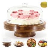 Wood Cake Stand with Dome Lid, 12 Inch Rotating Display Server Tray, Wooden Cake Display Stand with Acrylic Cover, Cake Holder Stand with 4 Bonus Cake Sheets for Birthday, Kitchen, Party, and Wedding 