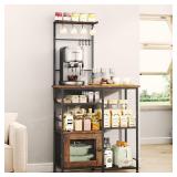 SWTYMIKI Bakers Rack with Storage - Coffee Bar Cabinet Organizer with 8 Hooks, Shelves & Cabinet Door, Coffee Station for Kitchen Dining Room, Microwave Stand with Adjustable Feet, Espresso