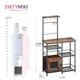 SWTYMIKI Bakers Rack with Storage - Coffee Bar Cabinet Organizer with 8 Hooks, Shelves & Cabinet Door, Coffee Station for Kitchen Dining Room, Microwave Stand with Adjustable Feet, Espresso