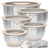 Mixing Bowles Set with Lids Set - Warp-Proof TPR-AS Lids, Stainless Steel Mixing Bowl with 3 Graters & Measuring Lines, Non-Slip Bowls for Baking, Prep, Airtight Food Storage (Khaki 5/3/2/1.5/0.63QT)