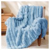 BEDELITE Faux Rabbit Fur Blanket, Luxurious 3D Striped Winter Blanket for Decor & Gift, Soft and Warm Plush Blue Fluffy Faux Fur Throw Blanket All Seasons Suitable, (Light Blue, 50x 60)