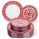 Hioasis 60pcs Red Plastic Plates Set - Floral Red & White Porcelain Design, 10.25 Dinner & 7.5 Dessert Plates Disposable for Christmas (Dishwasher Safe, Art Style)