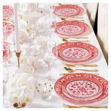 Hioasis 60pcs Red Plastic Plates Set - Floral Red & White Porcelain Design, 10.25 Dinner & 7.5 Dessert Plates Disposable for Christmas (Dishwasher Safe, Art Style)
