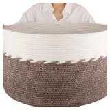 OIAHOMY 90L Blanket Basket for Living Room, Large Basket 23 x 23 x 13 with Handle, Laundry Hamper for Blankets, Pillows, Toy Storage for Kids, Dogs - Brown & White