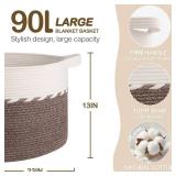 OIAHOMY 90L Blanket Basket for Living Room, Large Basket 23 x 23 x 13 with Handle, Laundry Hamper for Blankets, Pillows, Toy Storage for Kids, Dogs - Brown & White