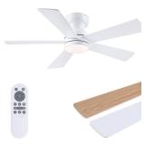 BYKISTOK 46" Flush Mount Ceiling Fan with Lights - White Modern Fan Light with Reversible Mute Motor, 3CCT Dimmable, Wind Speeds Adjustable, Low Profile Light Fixure for Indoor Use, Bedroom