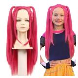 FantaLook Long Straight Hot Pink Cosplay Wig with 2 Ponytails for Halloween Party Costumeï¼Small Sizeï¼