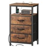 Huuger Nightstand with Charging Station, 27.6 Inch Bedside Table with Fabric Drawers, End Table with USB Ports and Outlets, Night Stand for Bedroom, Rustic Brown - Retail: $50