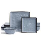 Famiware Dinnerware Sets for 4, Ocean Square 12-Piece Kitchen Plates and Bowls Sets, Reactive Glaze, Microwave and Dishwasher Safe, Scratch Resistant, Blue - Retail: $73