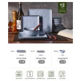 Famiware Dinnerware Sets for 4, Ocean Square 12-Piece Kitchen Plates and Bowls Sets, Reactive Glaze, Microwave and Dishwasher Safe, Scratch Resistant, Blue - Retail: $73