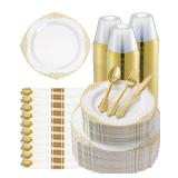 Goodluck 350 Piece Gold Plastic Dinnerware Set for 50 Guests, Fancy Disposable Plates, Include: 100 Gold Rim Plastic Plates, 150 Silverwares, 50 Pre Rolled Napkins, 50 Cups for Party, Wedding - Retail