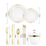 Goodluck 350 Piece Gold Plastic Dinnerware Set for 50 Guests, Fancy Disposable Plates, Include: 100 Gold Rim Plastic Plates, 150 Silverwares, 50 Pre Rolled Napkins, 50 Cups for Party, Wedding - Retail