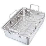 P&P CHEF 16" Roaster Roasting Pan with Baking Rack and V-shaped Rack, Stainless Steel Rectangular Lasagna Pan with Handles for Turkey Chicken, Healthy & Dishwasher Safe, 3 Pieces, Silver - Retail: $50